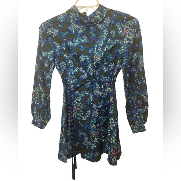 Vintage Retro Paisley Long Sleeve Collared Mini Dress size S - Picture 1 of 10